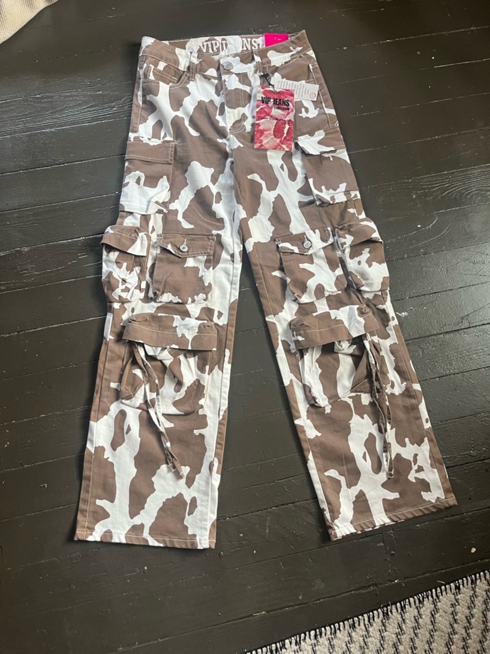 VIP Brown & White Camo Cargo Pants Cow Print